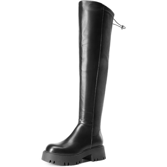 Women's Black-pu Faux Leather Over The Knee Lug Sole Round Toe Thigh High Boots - Picture 1 of 7